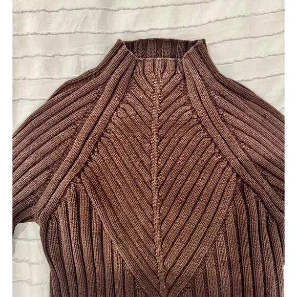 Ribbed Mock Neck Sweater Women's Small Brown Cotton Dark Academia Minimalist - Picture 12 of 16